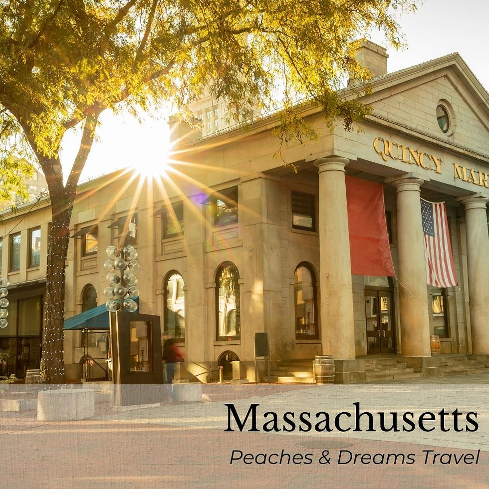 Quincy Market with a bright sunburst through trees, American flag, and red banner. Text: Massachusetts, Peaches & Dreams Travel.