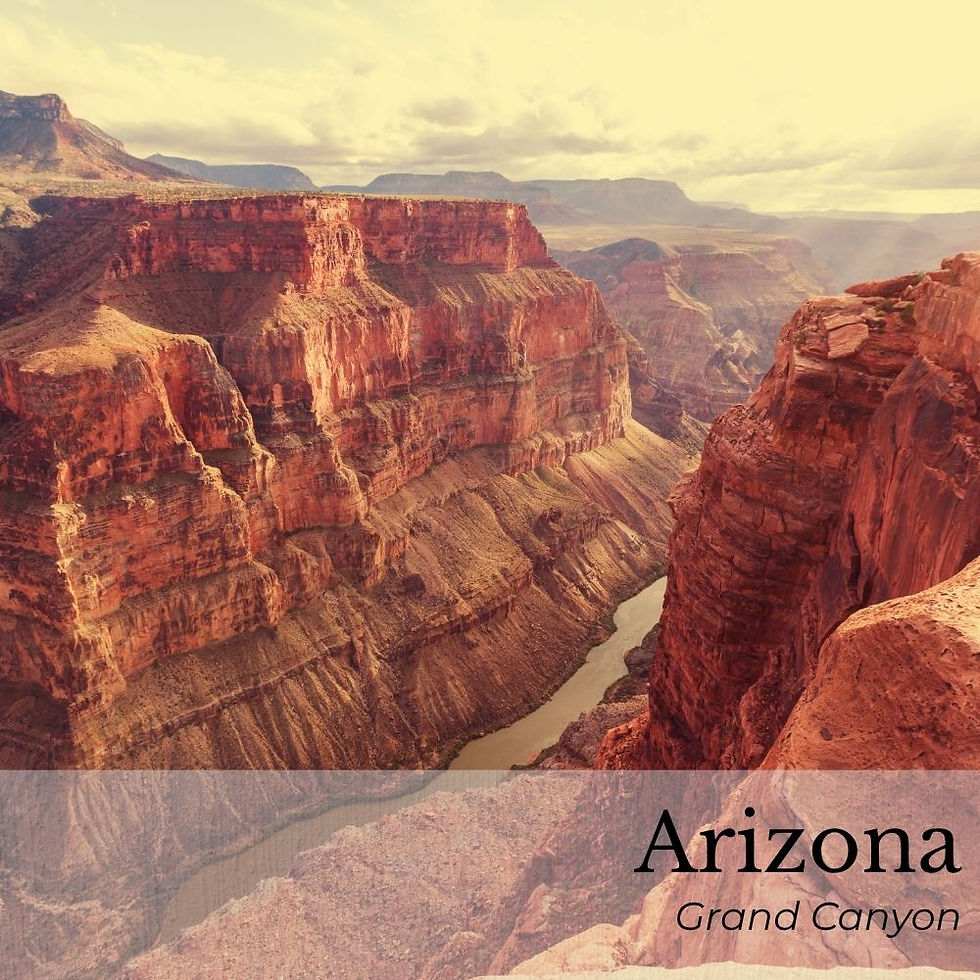 A view of the Grand Canyon in Arizona with layered red rock formations under a cloudy sky. Text reads "Arizona Grand Canyon."