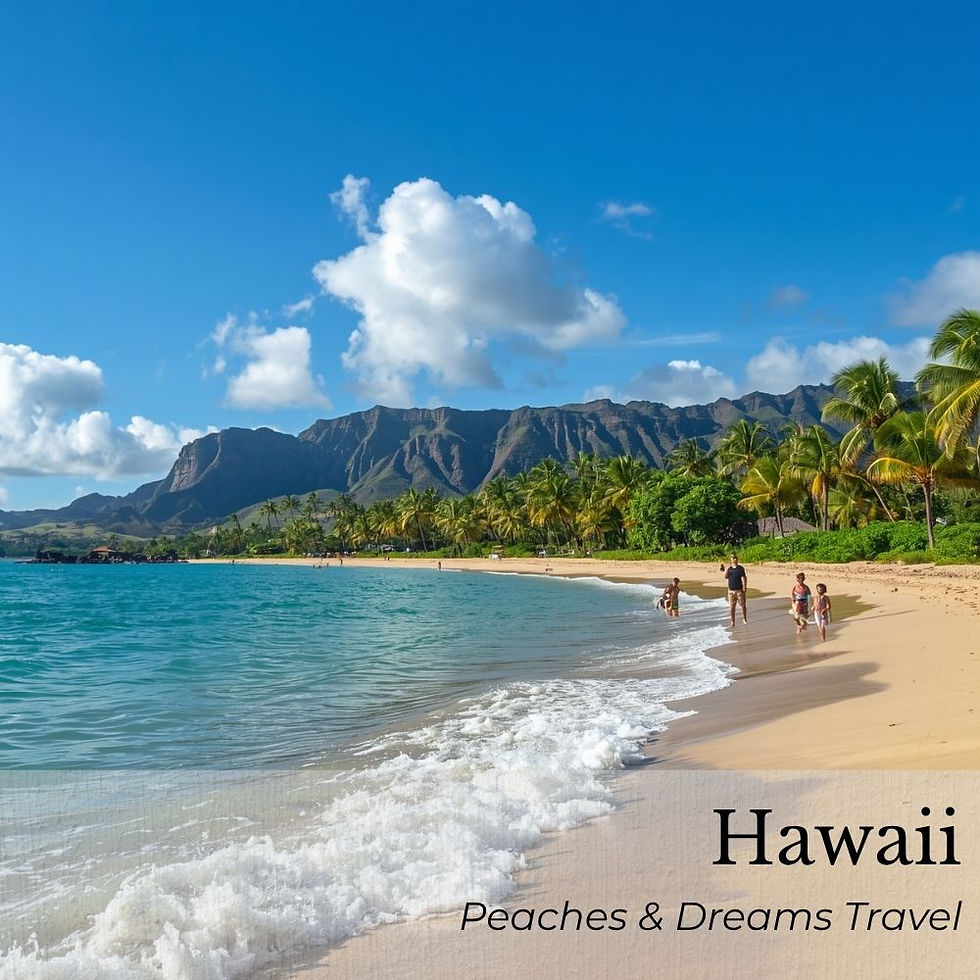 Beach in Hawaii with palm trees and mountains. People walking by the shore. Text: "Hawaii, Peaches & Dreams Travel." Bright, sunny day.