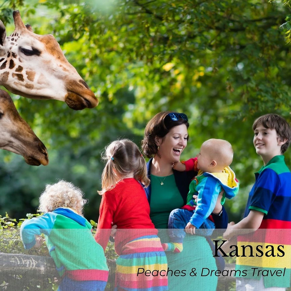 Family with bright clothing interacting with giraffes at a zoo. Green foliage background. Text: Kansas, Peaches & Dreams Travel.