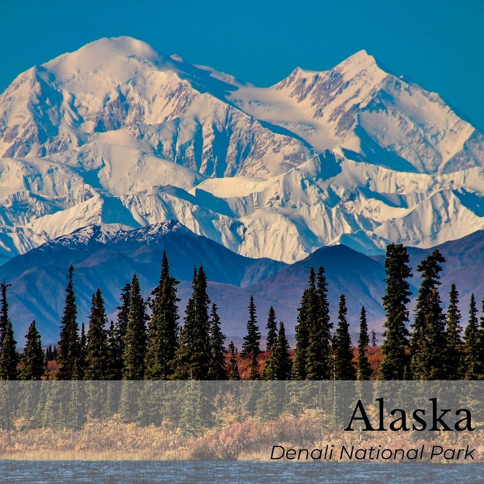 Snow-capped mountains in Denali National Park, Alaska, with evergreen trees in the foreground and clear blue sky. Text: Alaska, Denali National Park.