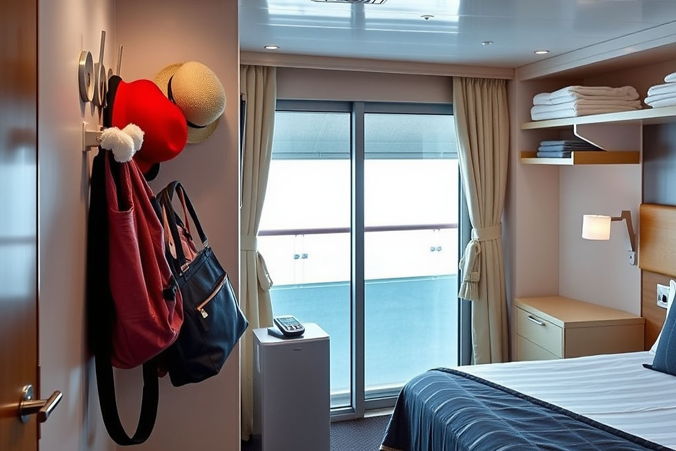 cruise cabin interior with magnetic hooks holding hats and bags on a wall, small travel fan and organized shelves, realistic travel photography