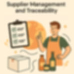 Man in orange apron points upwards, alongside a checklist, globe, box, and bottles. Text: "Supplier Management and Traceability."