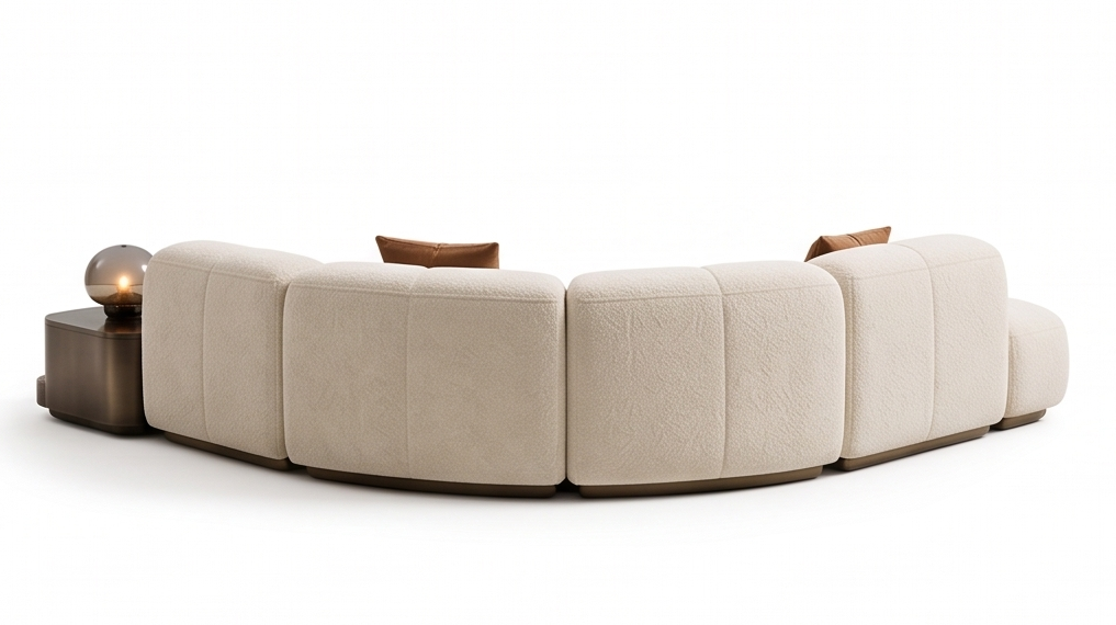 Rear view of a curved cream Milano Crest modular sofa