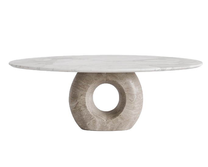 Round marble dining table with a circular carved stone base