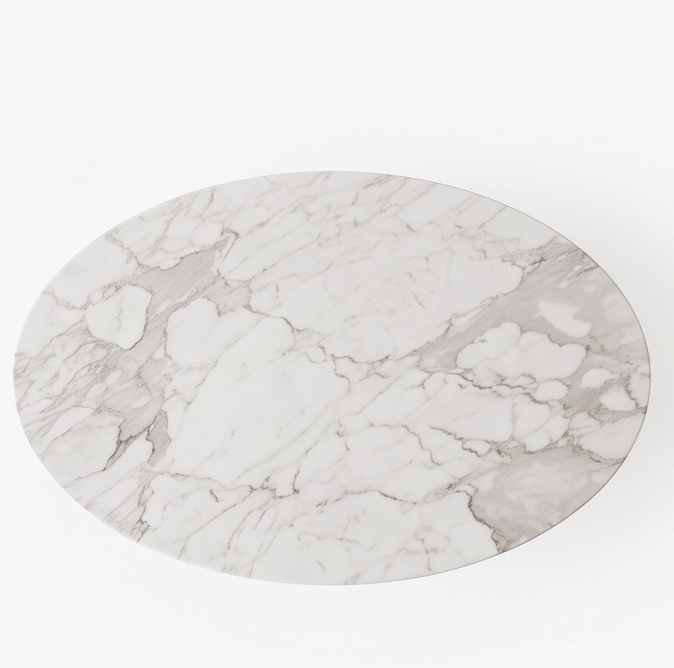 Top view of a FRIENO oval white marble table surface.