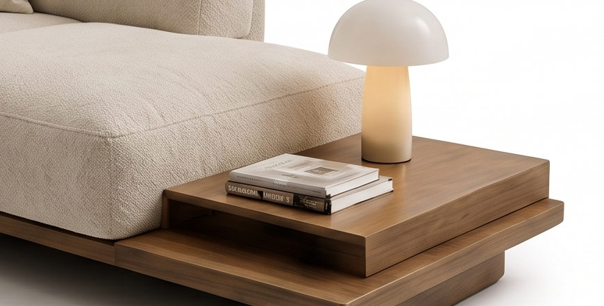 DOMANI sofa with integrated wooden side table and lamp.