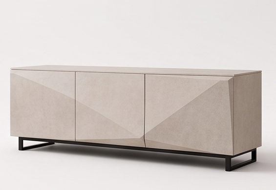 ORVEITO sideboard with geometric faceted doors and black legs