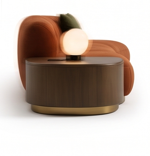 Verona Elite curved wooden side table with glowing orb lamp