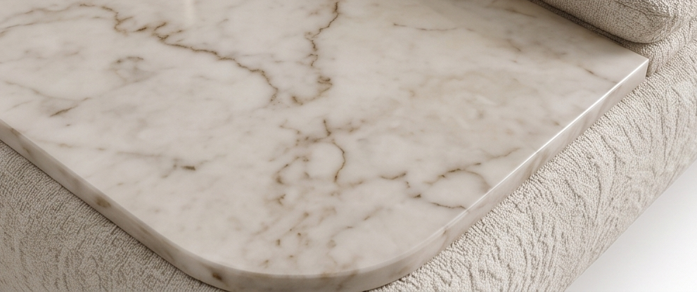 Close-up of a white Opera Lusso marble surface with brown veining