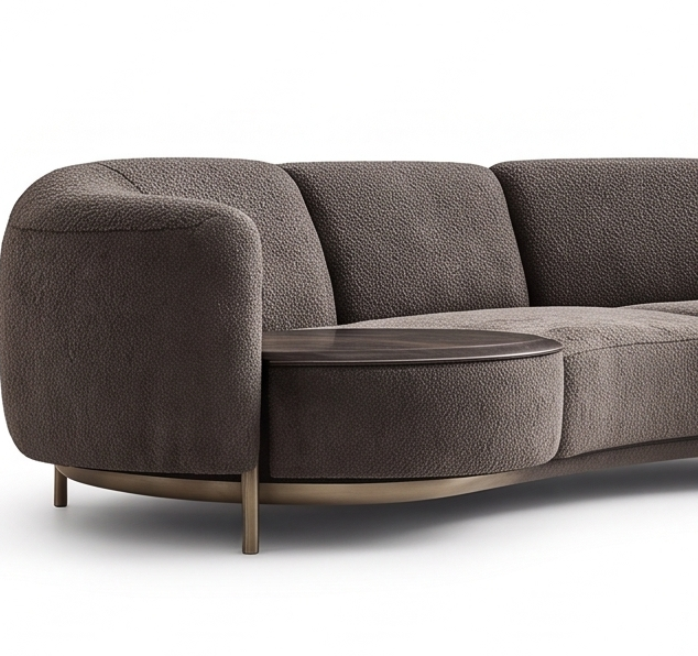 AUREA curved brown sofa with integrated side table