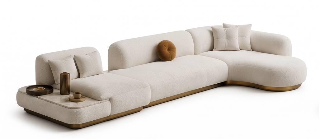 Opera Lusso modular cream sofa with brown accent pillow
