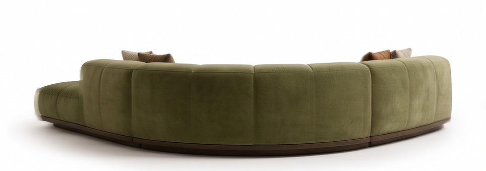 Rear view of a curved green velvet VELORASSA sofa