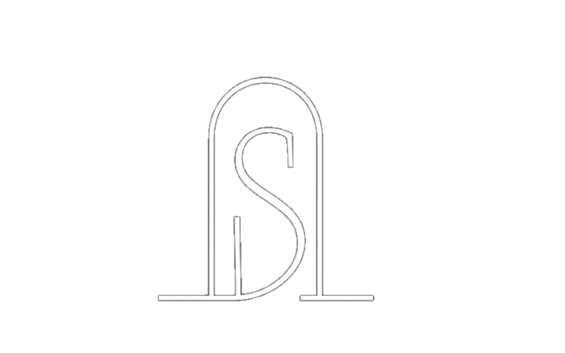 Minimalist white 'S' logo inside an arch on black background
