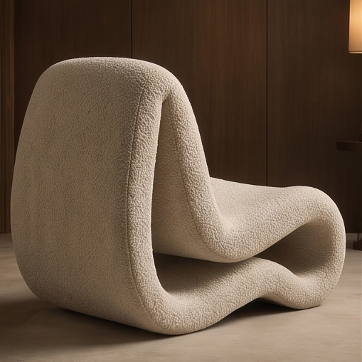 Modern curved Dolce Riposo lounge chair in cream bouclé.