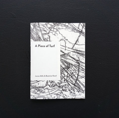 Front cover of the publication 'a piece of turf'. The cover features a black and white, textural illustration of plant weeds and roots, with the title and authors name in a central panel.