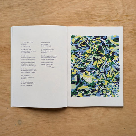 A spread from the illustrated publication 'Daphne And'. The spread features a monoprinted illustration of lichen on one page with poetry text on the opposite page.