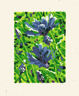 A monoprint illustration of blue, cornflowers in a meadow.