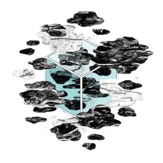 A collaged illustration of a cube with cloud-like forms floating inside and outside of the cube.
