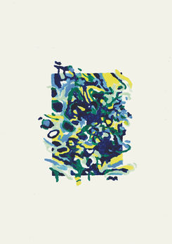 A monoprint illustration of lichen viewed up close. The viewpoint makes the image appear more abstract, resembling water, bark, slime or other organic forms of growth.