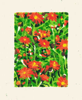 A monoprint illustration of red hawkweed flowers in a meadow