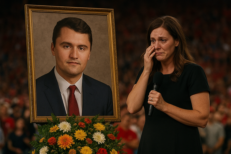 A mournful attendee stands beside a portrait of Kirk during a politically charged memorial service, where emotions ran high amidst a backdrop of American flags and MAGA caps.