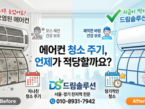 에어컨 청소 주기의 중요성을 보여주는 드림솔루션의 비포 에프터 비교 이미지. 왼쪽은 청소 주기를 놓쳐 곰팡이가 가득한 필터와 기침하는 사람을, 오른쪽은 정기적인 청소로 쾌적한 바람이 나오는 필터와 밝은 표정의 사람을 대조하여 보여줌. 하단에 서울·경기 전지역 전문 드림솔루션 로고와 연락처(010-8931-7942)가 포함됨.