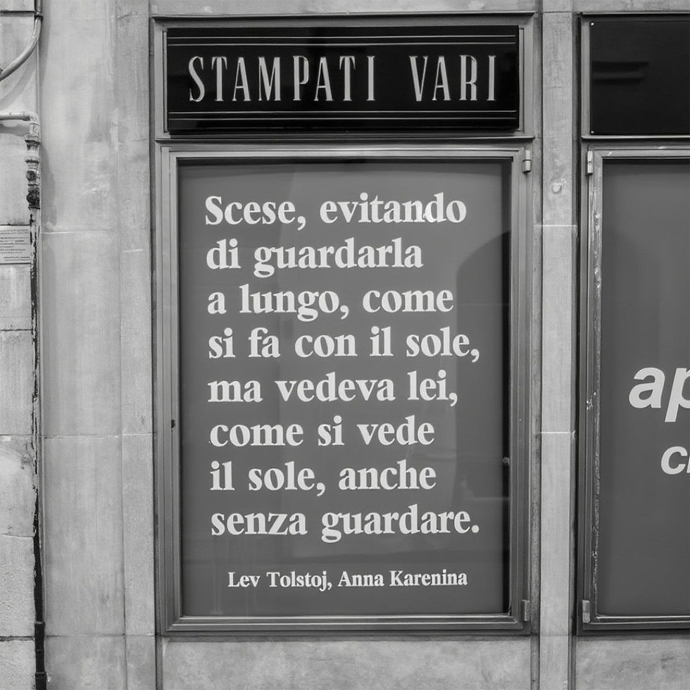 Scese, evitando di guardarla a lungo, come si fa col sole; ma vedeva lei, come si vede il sole, anche senza guardare.
Lev Tolstoj, Anna Karenina