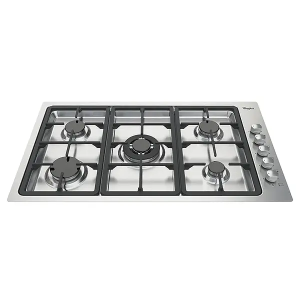 WHIRLPOOL TOPE EMPOTRABLE DE 36" A GAS ACERO INOX PARRILLAS DE HIERRO FUNDIDO.