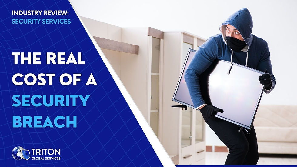 A masked person in a hoodie carries a monitor in a bright room. Text reads "The Real Cost of a Security Breach" on a blue overlay.