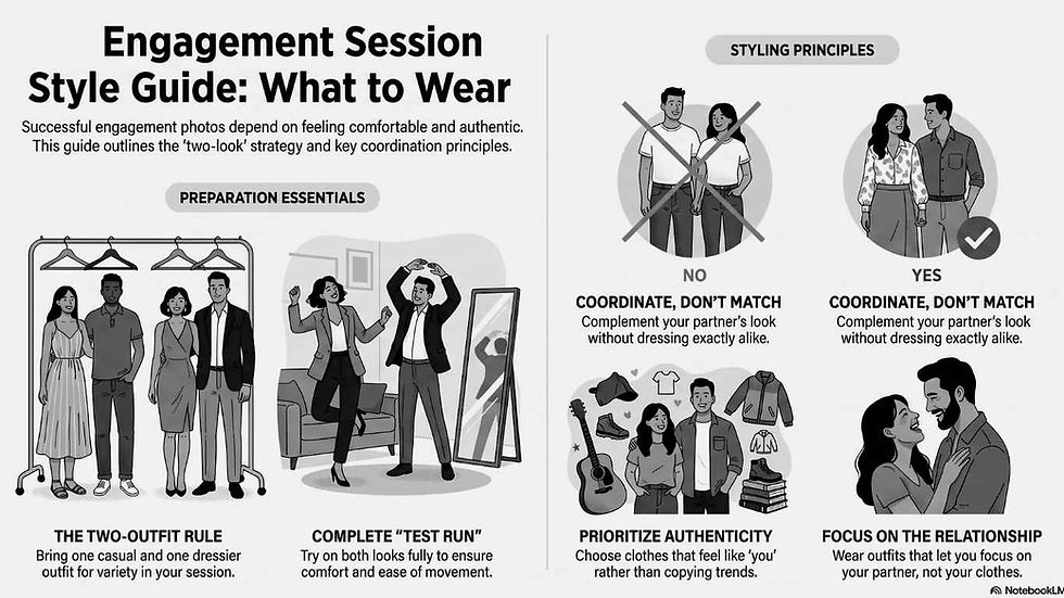 Engagement session outfit guide showing coordinated clothing, proper fit, and complete outfit planning