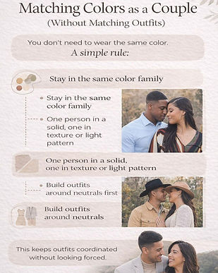 Infographic explaining how couples can coordinate engagement photo outfits by staying in the same color family without matching exactly.