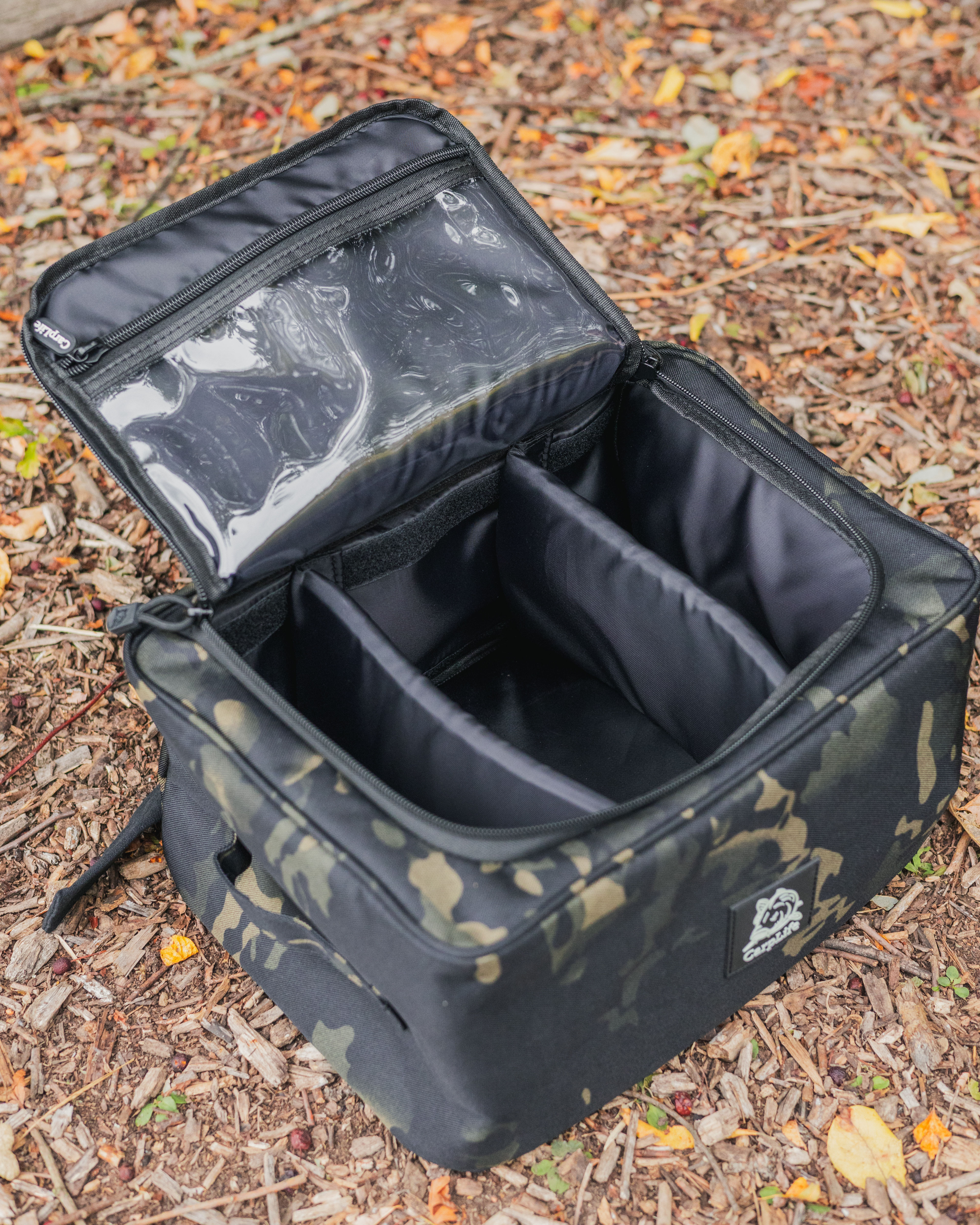 CarpLife Eclipse Camo Elite brew kit bag open showing internal cookware storage compartments