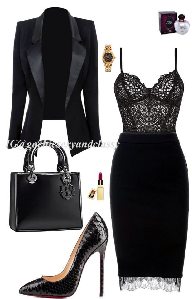 Elegant evening attire concept featuring a black lace bodysuit paired with a fitted black pencil skirt with lace hem, a tailored black blazer, black patent leather heels with a textured design, a chic black handbag, gold wristwatch, and classic makeup items including red lipstick and perfume.