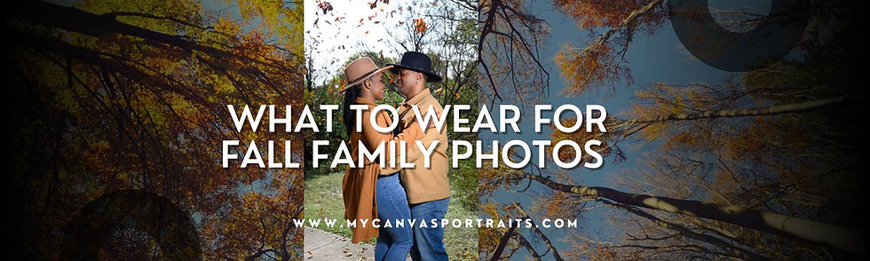 A website banner displays a couple in coordinated fall outfits with warm autumn leaves falling around them. The design features the text “What to Wear for Fall Family Photos” and highlights a seasonal photography theme. The warm tones, layered outfits, and outdoor setting evoke the feel of a Central Texas fall session. The banner serves as the perfect visual intro to a fall family outfit guide.