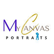 This logo for a photography company called "My Canvas Portraits" features a stylized capital "M" in a bold purple hue on the left, and a golden brush stroke arching over the top to form the "C," suggesting the artistry of painting. Below the "M" and "C" is the word "CANVAS" in uppercase letters, followed by "PORTRAITS" in a smaller, more understated font. On the bottom right, there's a silhouette of a photographer in blue, capturing a moment, which reinforces the company’s focus on photography. The overall design conveys a blend of creativity and professionalism.