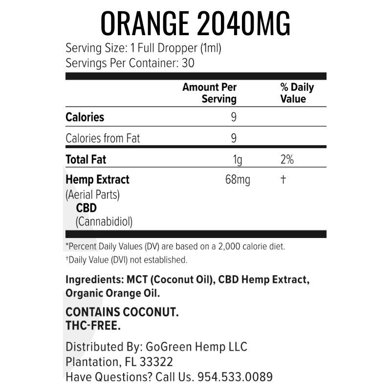 Thumbnail: Orange CBD Oil 2040mg supplement facts label 68mg per dropper