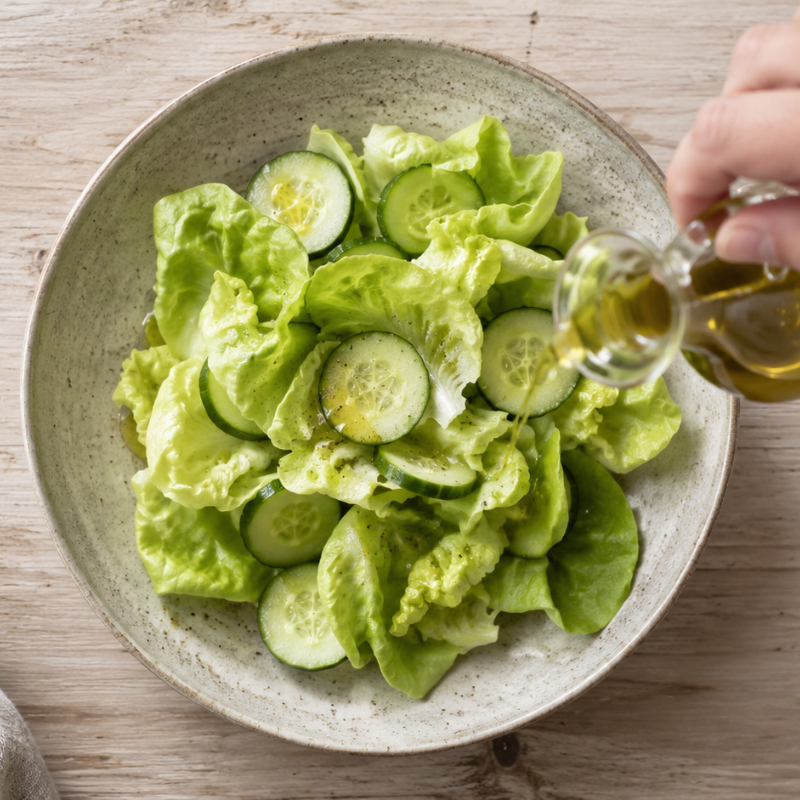 Hemp seed oil drizzled from a glass cruet over a fresh green salad