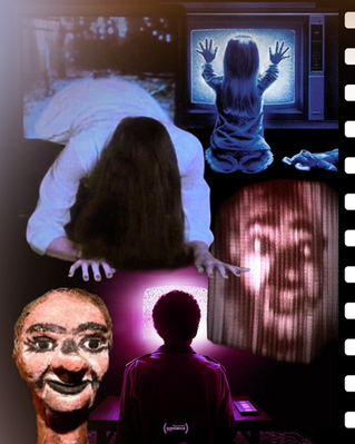 Collage of stills from The Ring, I Saw The TV Glow, Poltergeist, and John Baird's Stooky Bill televisor projection.