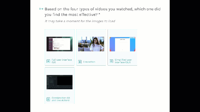 A survey question showing a set of marketing ads for the respondents to evaluate their effectiveness.