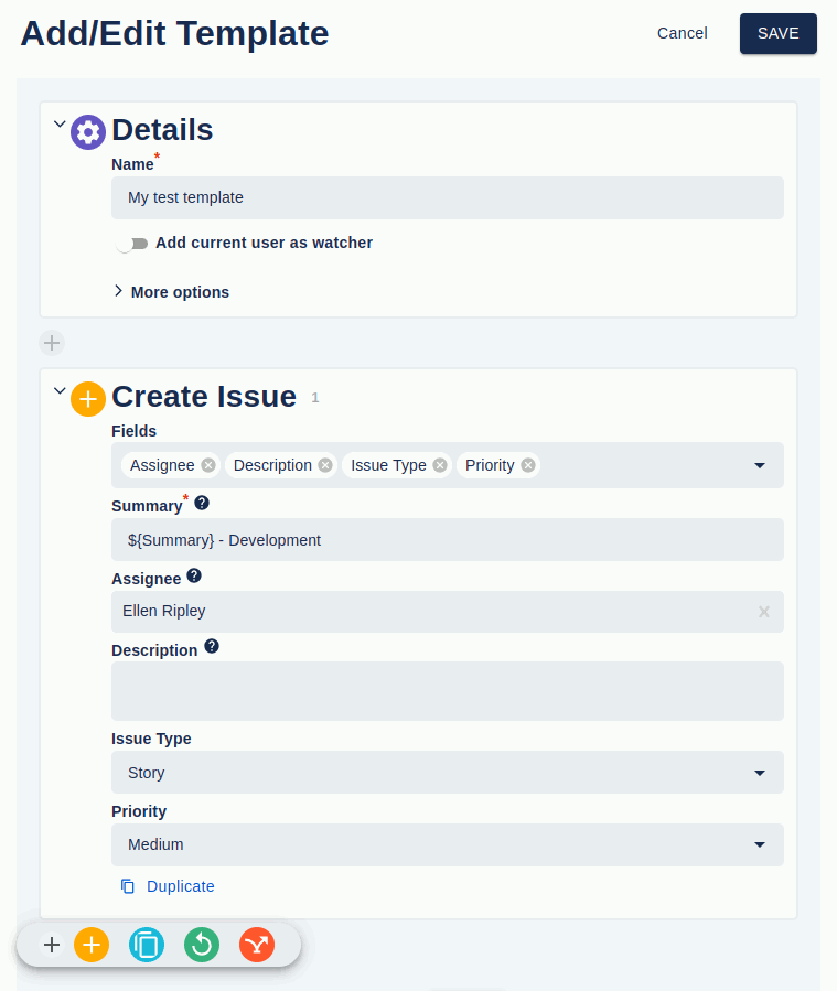 A new Template with the details and Create Issue sections filled out