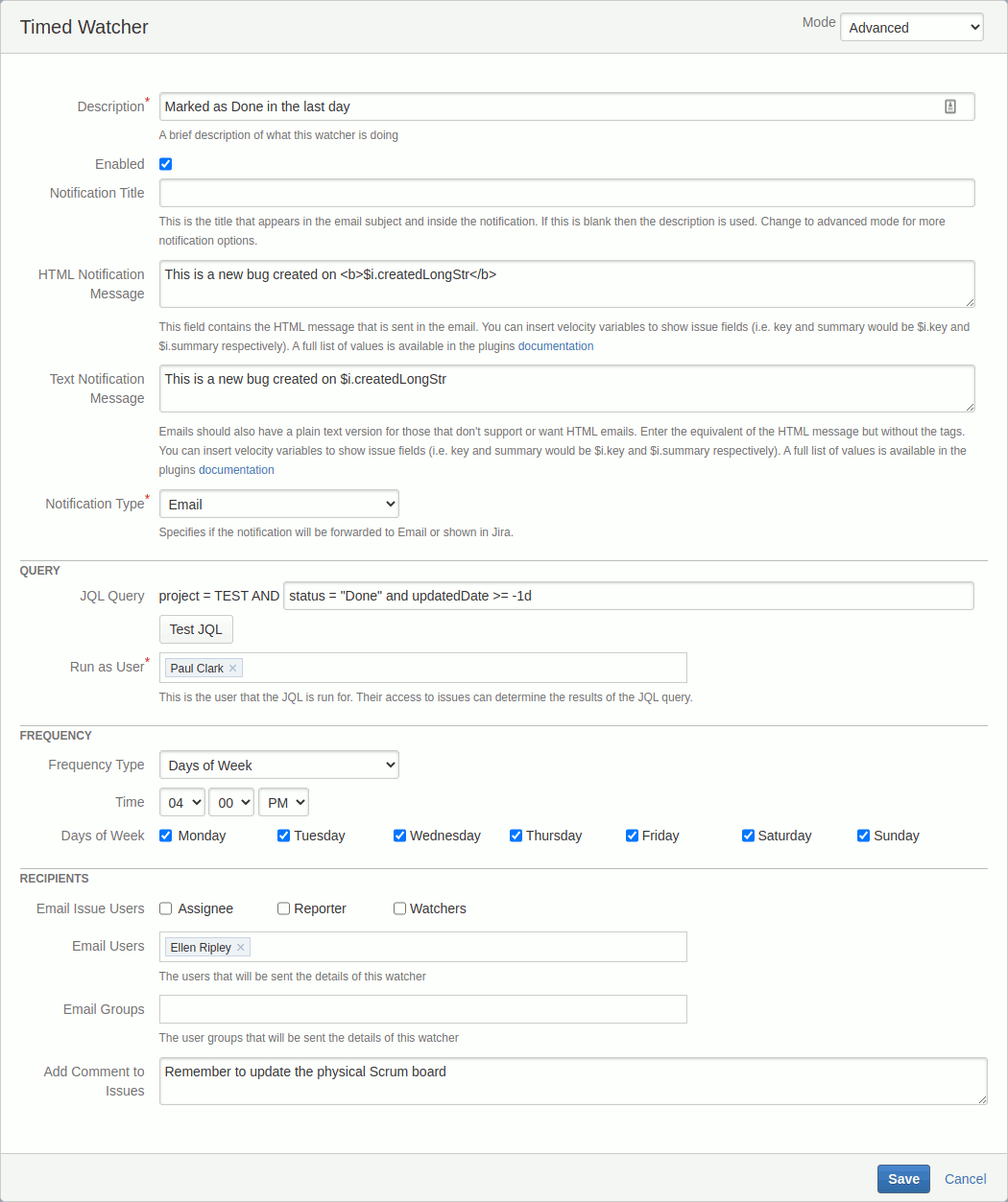 Adding a new Timed Watcher in advanced mode