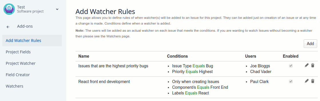 Watch It example showing two rules for adding watchers to an issue