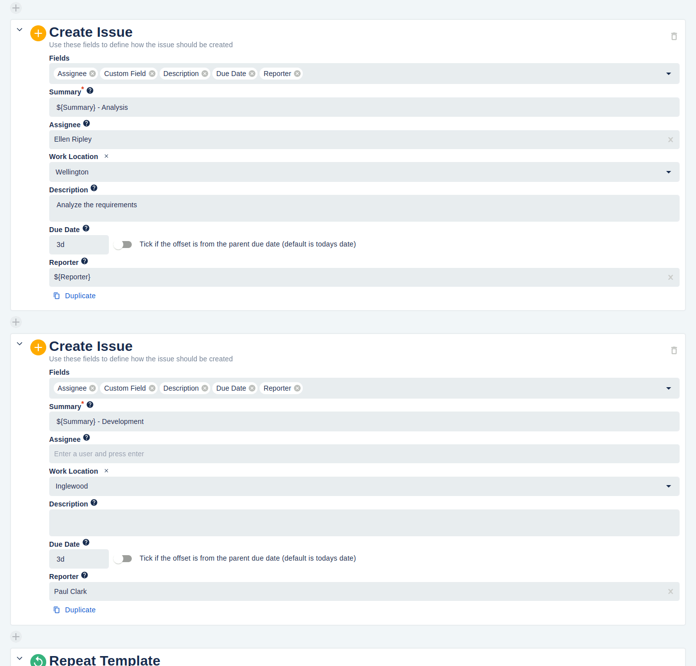 Two example Create Issue sections in a Create Issue template