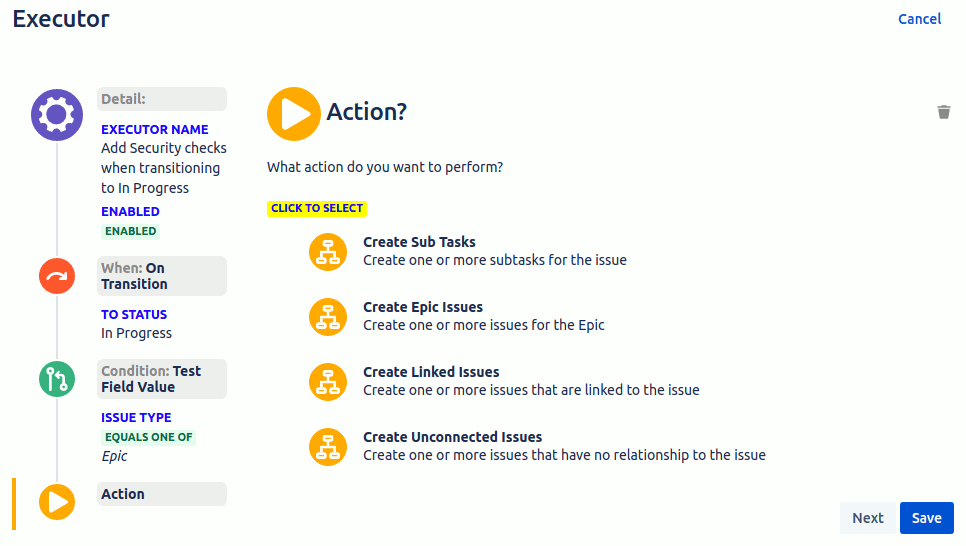 Actions to perform for an Executor