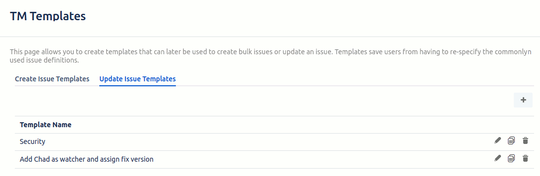 List of update issue templates for Transition Manager