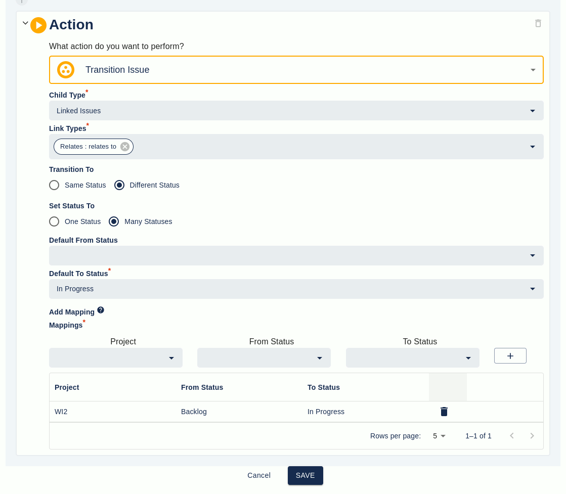 An Executor transition issue screen for different status transition with many status