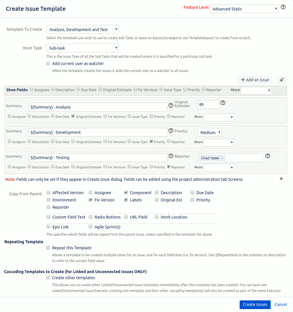 Creating bulk issues within the issue page