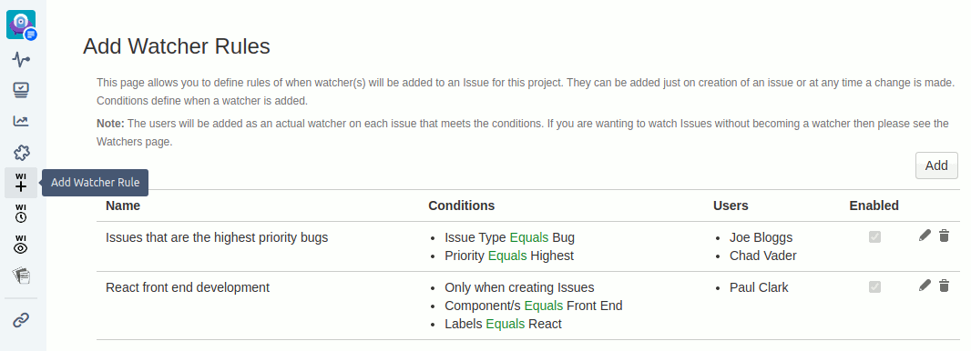 List of Add Watcher Rules for automatically adding a watcher to an issue