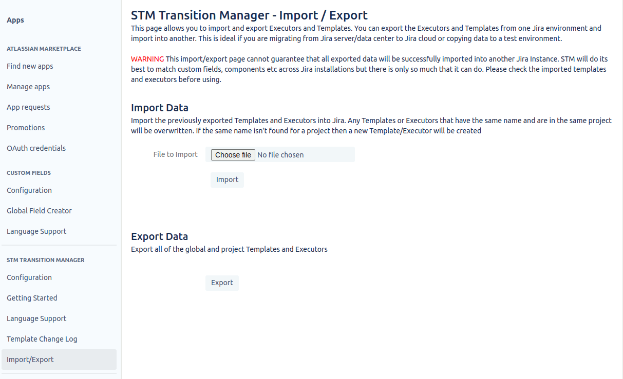 This page allows you to import/export the entire STM configuration